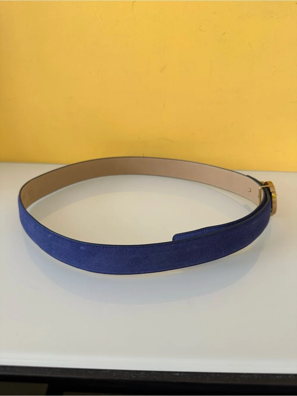 Nimany Bespoke Art Luna Blue Suede Belt with Vintage Gold Tone Buckle Size M